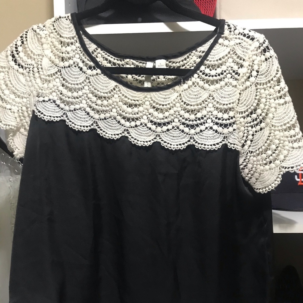 Black White Lace Embroidered Mixed Media Satin Top